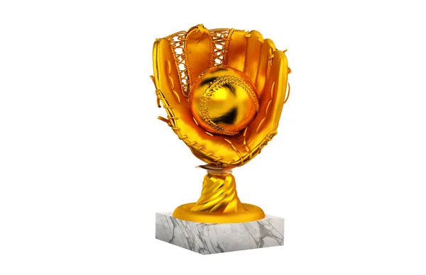 Honkbal Gouden Trofee Met Handschoen Bal Een Witte Achtergrond — Stockfoto