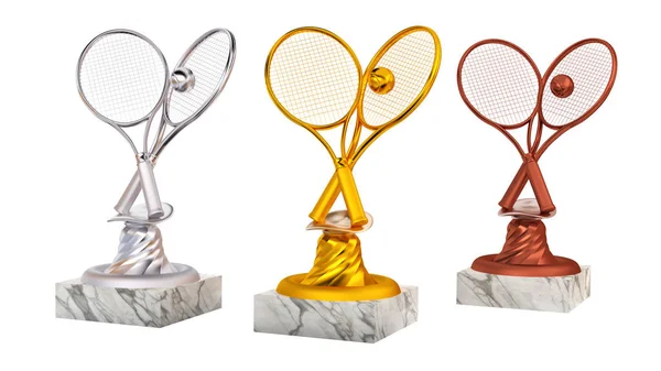 Tennis Gold Silver Bronze Trophies Racket Ball White Background — Stock Photo, Image