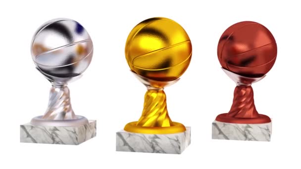 Баскетбол Золоті Срібні Бронзові Трофеї Мармуровими Базами Нескінченному Обертанні Білому — стокове відео