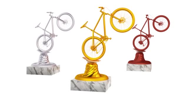 山地自行车金银和青铜奖杯与大理石基地在无限旋转白色背景 — 图库视频影像