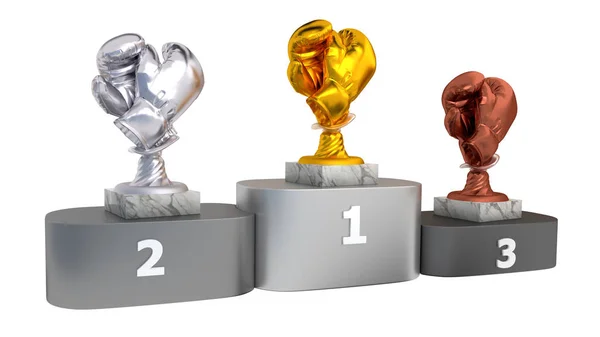 Boxe Trophées Argent Bronze Avec Bases Marbre Sur Podium Avec — Photo