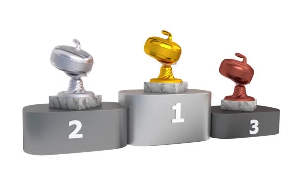 Curling Gold Silver Bronze Troféus Com Bases Mármore Pódio Rotação — Vídeo de Stock