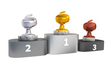 Curling taşı altın gümüş ve bronz kupa beyaz arka plan ile bir podyum üzerinde mermer üsleri ile