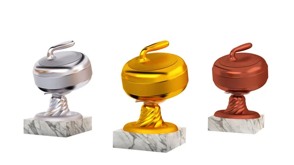 Curling Stone Gold Silver Bronze Trophies Marble Bases White Background — Stock Photo, Image