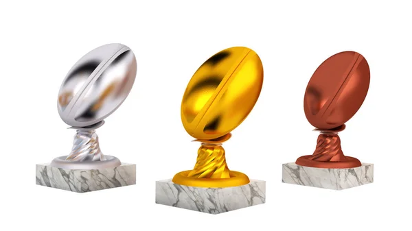 Rugby Gold Silver Bronze Trophies Marble Bases White Background — Stock Photo, Image