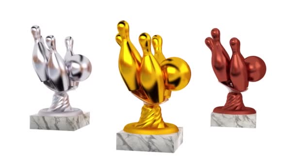 Bowling Gold Silver Bronze Trophies Marble Bases Infinite Rotation White — Stock Video