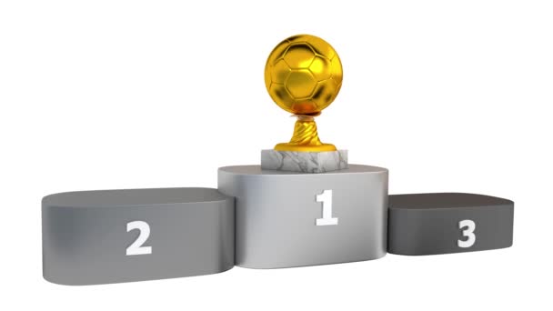 Handball Gold Silver Bronze Trophies Marble Bases Appear Podium White — Stock Video