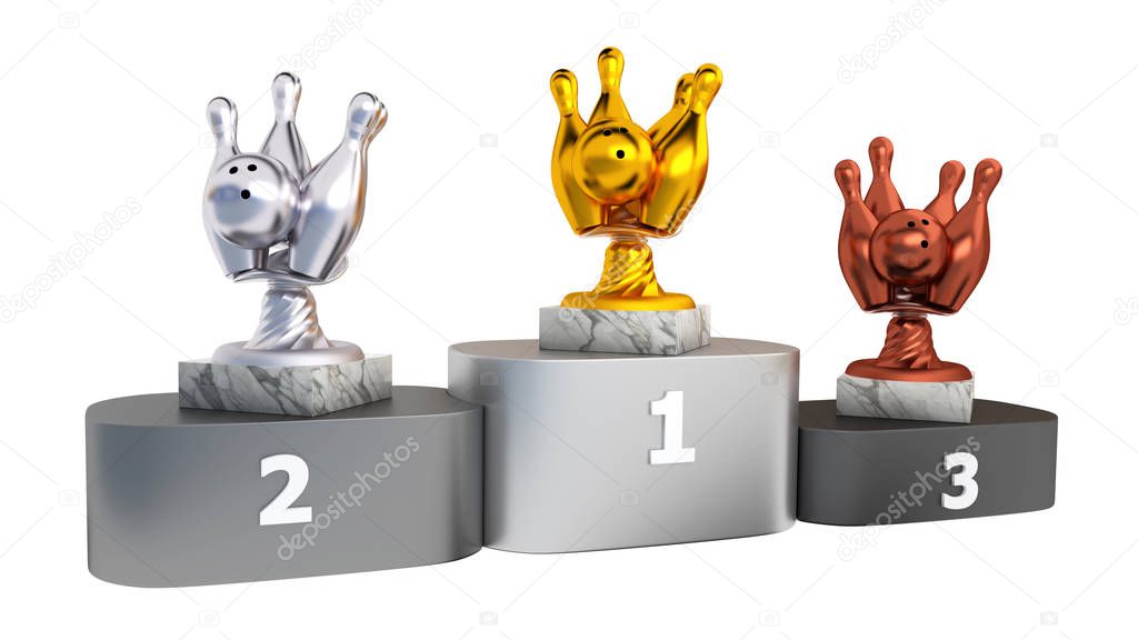Bowling Gold Silver and Bronze Trophies with Marble Bases on a Podium with white background