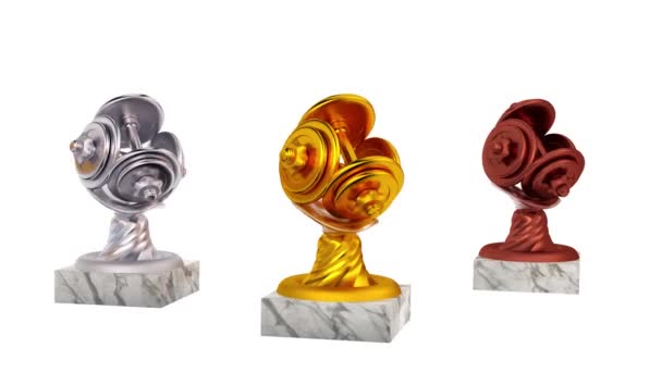 Dumbbell Gold Silver Bronze Trophies Marble Bases Infinite Rotation White — Stock Video