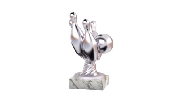 Bowling Silver Trophy Con Basi Marmo Rotazione Infinita Fondo Bianco — Video Stock
