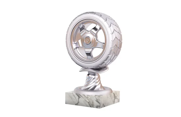 Trophée Sport Wheel Silver Avec Socle Marbre Sur Fond Blanc — Photo