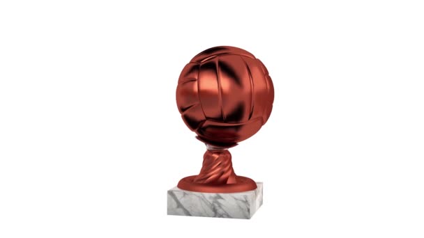 白色背景下无限旋转大理石底座的排球青铜奖杯 — 图库视频影像