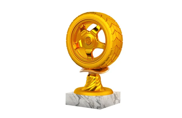 Trophée Sport Wheel Gold Avec Socle Marbre Sur Fond Blanc — Photo