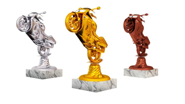 Sport Motorbike Gold Silver Bronze Trophies Marble Bases White Background — Stock Photo, Image