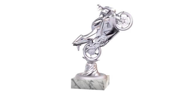 Sport Motorcykel Silver Trophy Med Marmor Baser Oändlig Rotation Vit — Stockvideo