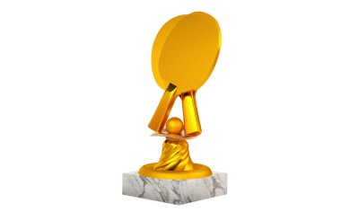 Mermer kaide üzerinde beyaz bir arka plan ile masa tenisi altın kupa