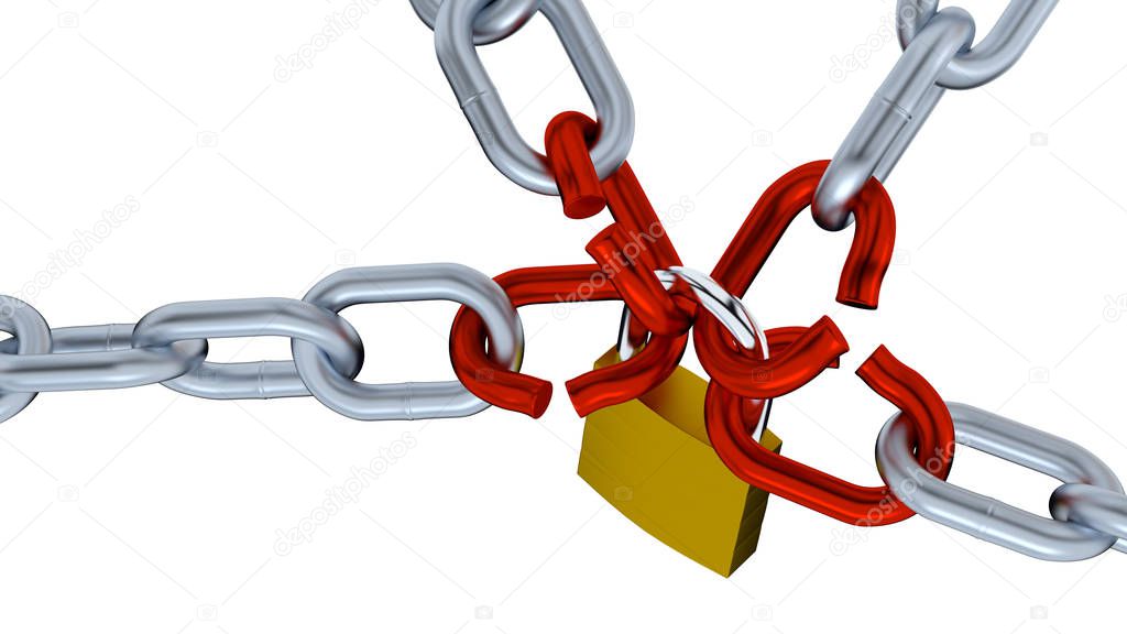 Four Big Chains with Four big Red Links locked by a Padlock on a white background