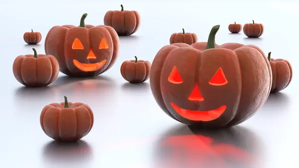 Flera Halloweenpumpor Med Cool Och Dålig Vit Bakgrund — Stockfoto
