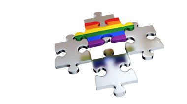 Dört gri bulmaca adet altında beyaz bir arka plan ile bir gökkuşağı parça