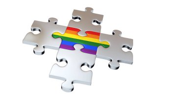 Dört gri adet bulmaca bir gökkuşağı parça beyaz bir arka plan ile sarmak.