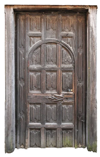 Staré Středověké Dřevěné Dveře Spoustou Žádný Figurativní Gravírování Izolované Pozadí — Stock fotografie