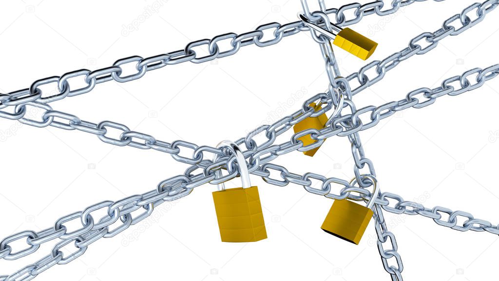 Five Metal Chains with Four Padlocks on a white background