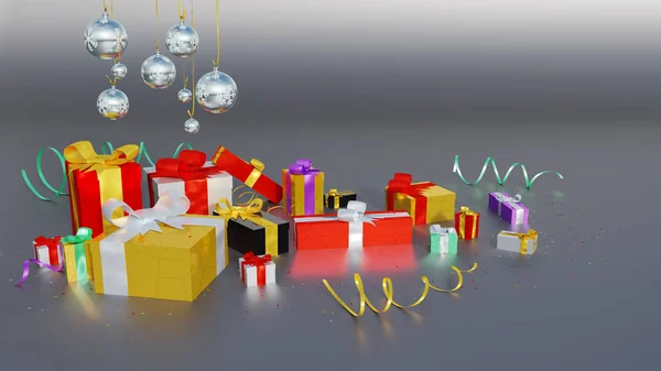 Several Multicolored Gifts Shiny Ribbons Many Tiny Stars Some Christmas — Stock Photo, Image