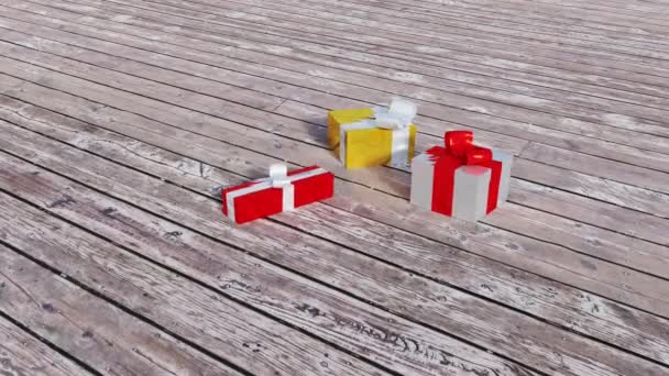 Pavimento Madeira Com Muitos Presentes Natal Coloridos Algumas Bolas Com — Vídeo de Stock