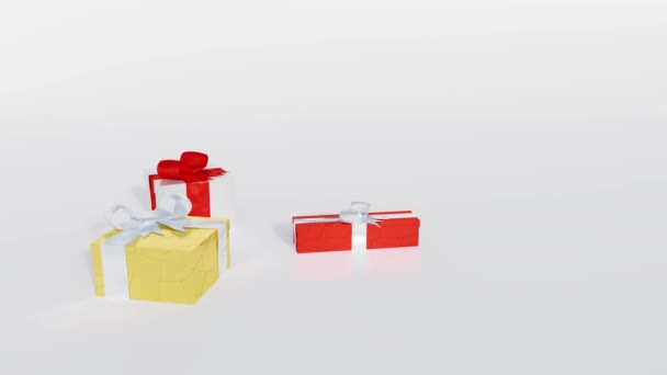 いくつかのクリスマス プレゼントと小さなリボンの白のバック グラウンドでポップアップで表示されるいくつかのボール — ストック動画