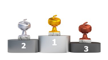 Açık bir podyum Curling taşı kupa ile görünümünü beyaz bir arka plan üzerinde