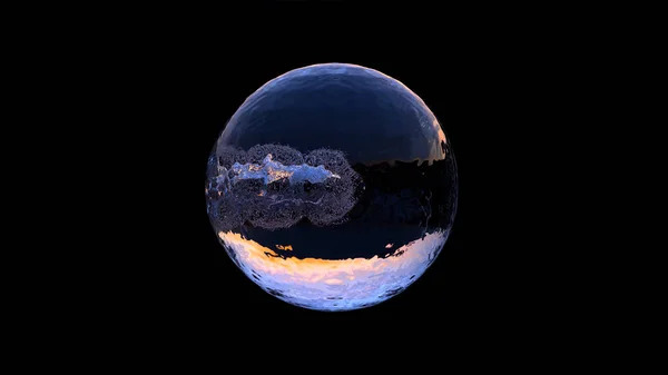 Large Water Ball Small Chrome Ball Going Middle Black Background — Stock Photo, Image