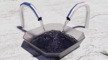 Hangi bir kare kase dolduruyor iki metal borulardan akan iki sıvı