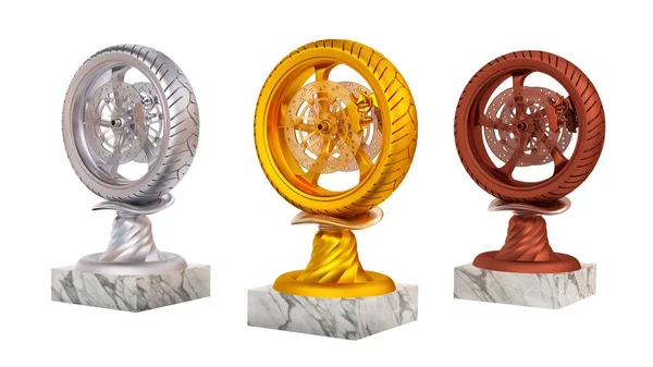 Sport Wheel Motorbike Gold Silver Bronze Trophies Marble Bases White — Stock Photo, Image