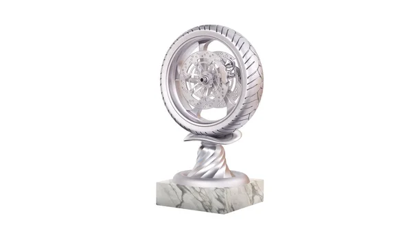 Sport Wheel Motorcykel Silver Trophy Med Marmor Bas Vit Bakgrund — Stockfoto