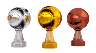 Beyaz bir arka plan üzerinde ön görünüm hentbol altın gümüş ve bronz kupa