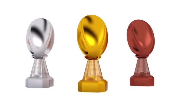 Front View Rugby Gold Silver Bronze Trophies Infinite Rotation White — Stock Video