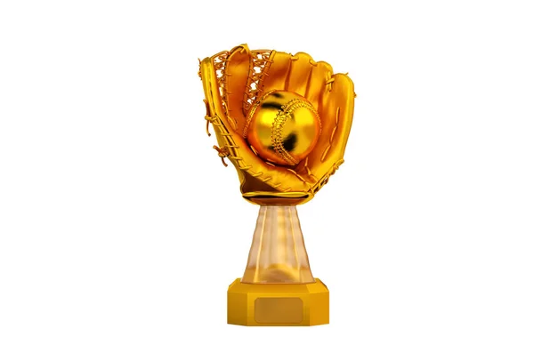 Front View of Baseball Gold Trophy with Glove and Ball on a white background
