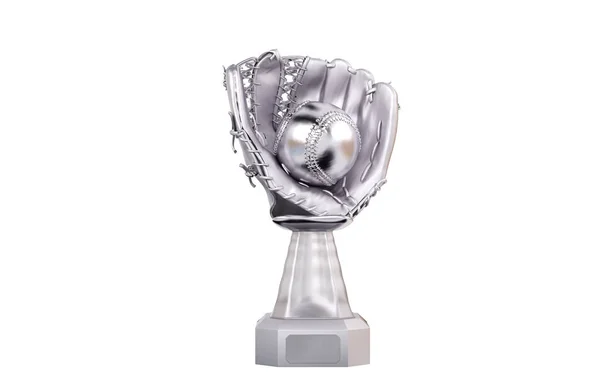 Vista Frontal Troféu Prata Beisebol Com Luva Bola Fundo Branco — Fotografia de Stock