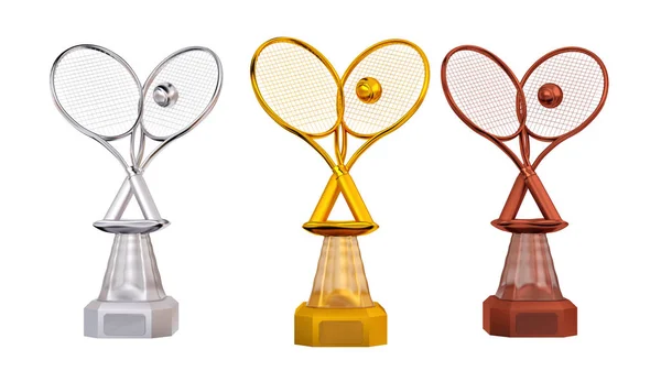 Front View Tennis Gold Silver Bronze Trophies Racket Ball White — Stock Photo, Image