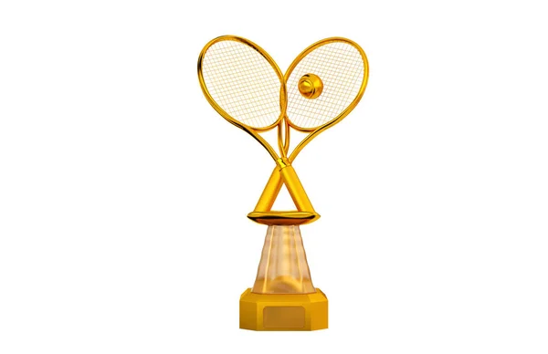 Čelní Pohled Tenis Zlatou Trofej Raketa Míček Bílém Pozadí — Stock fotografie