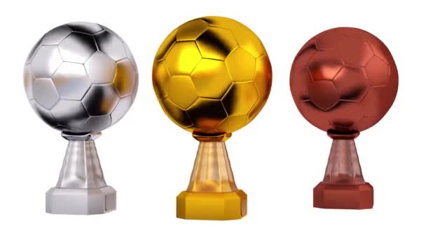 Front View Football Gold Silver Bronze Trophies Infinite Rotation White — Stock Video