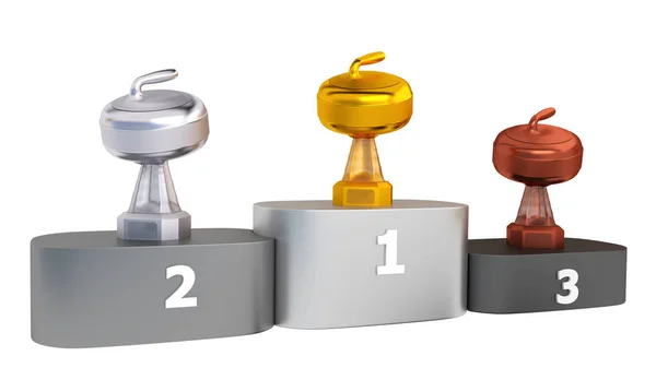 Front View Curling Stone Gold Silver Bronze Trophies Podium White — Stock Photo, Image