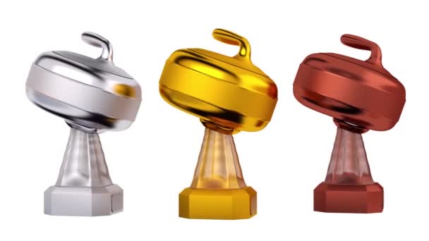 Front View Curling Stone Gold Silver Bronze Trophies Infinite Rotation — Stock Video