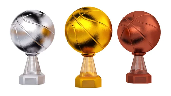 Čelní Pohled Basketbal Zlaté Stříbrné Bronzové Trofeje Bílém Pozadí — Stock fotografie
