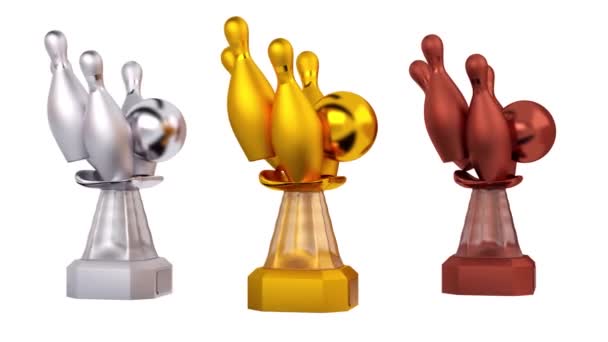 Front View Bowling Gold Silver Bronze Trophies Infinite Rotation White — Stock Video