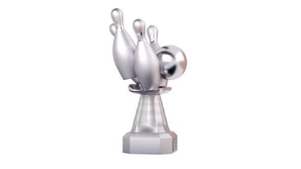 Vista Frontal Bowling Silver Trophy Rotación Infinita Sobre Fondo Blanco — Vídeos de Stock