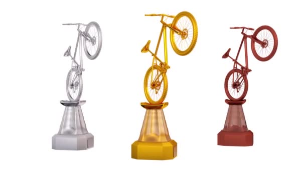 Vorderseite Des Mountainbikes Gold Silber Und Bronze Trophäen Unendlicher Rotation — Stockvideo