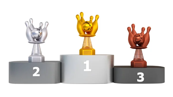 Voorste Weergave Van Bowling Trophies Podium Met Een Witte Achtergrond — Stockfoto