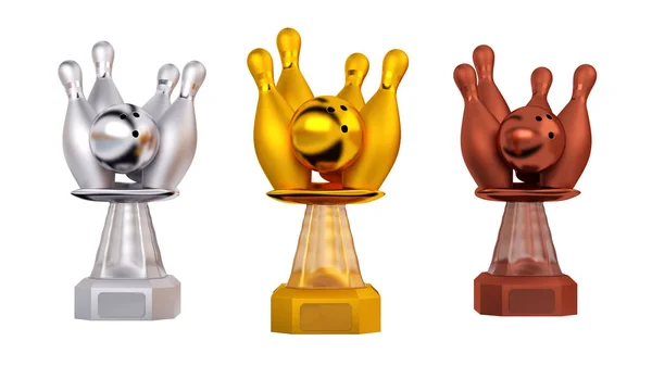 Vue Face Bowling Gold Silver Bronze Trophées Avec Fond Blanc — Photo