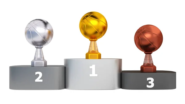 Front View Basketball Trophies Podium White Background — Stock Photo, Image